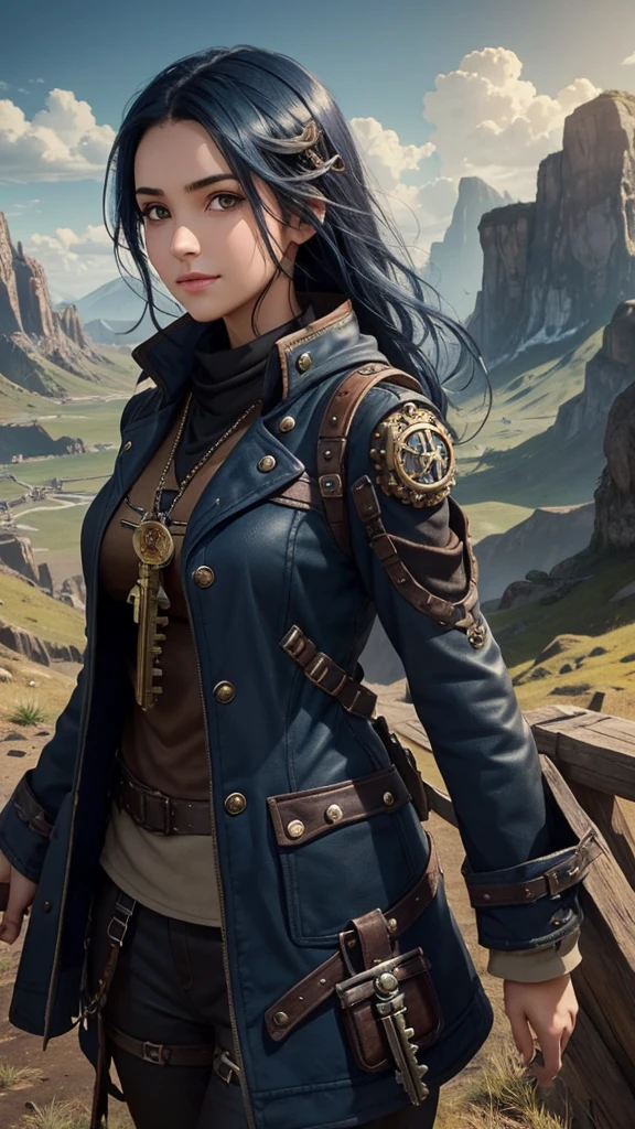 That has a background with a landscape behind , and in front there is a young and pretty girl with dark blue hair, Brown eyes carefree look that has a Steampunk style , and at the top say THE KEY OF DESTINY