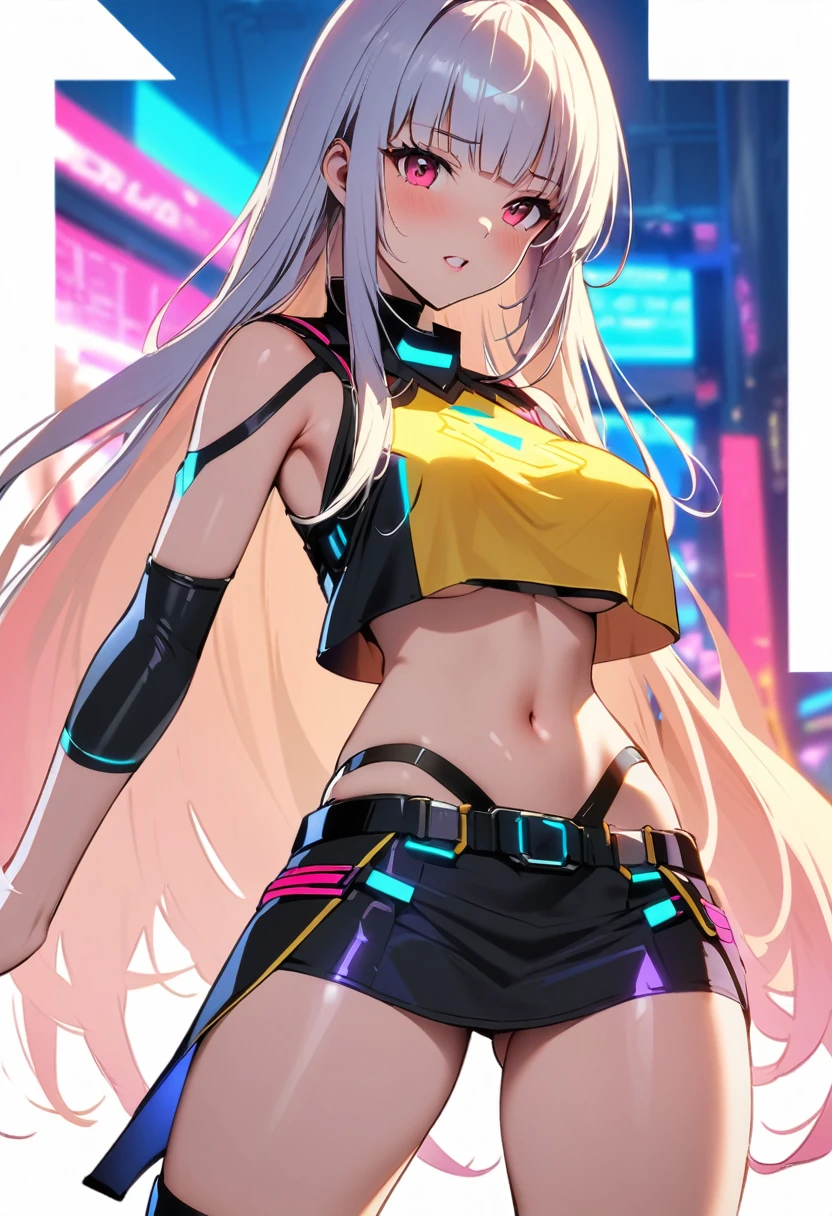 One woman dressed in lewd outfits. She wears a crop top breasts curtain cyberpunk jersey open in the underboob and a short low skirt with lewd garterbelt