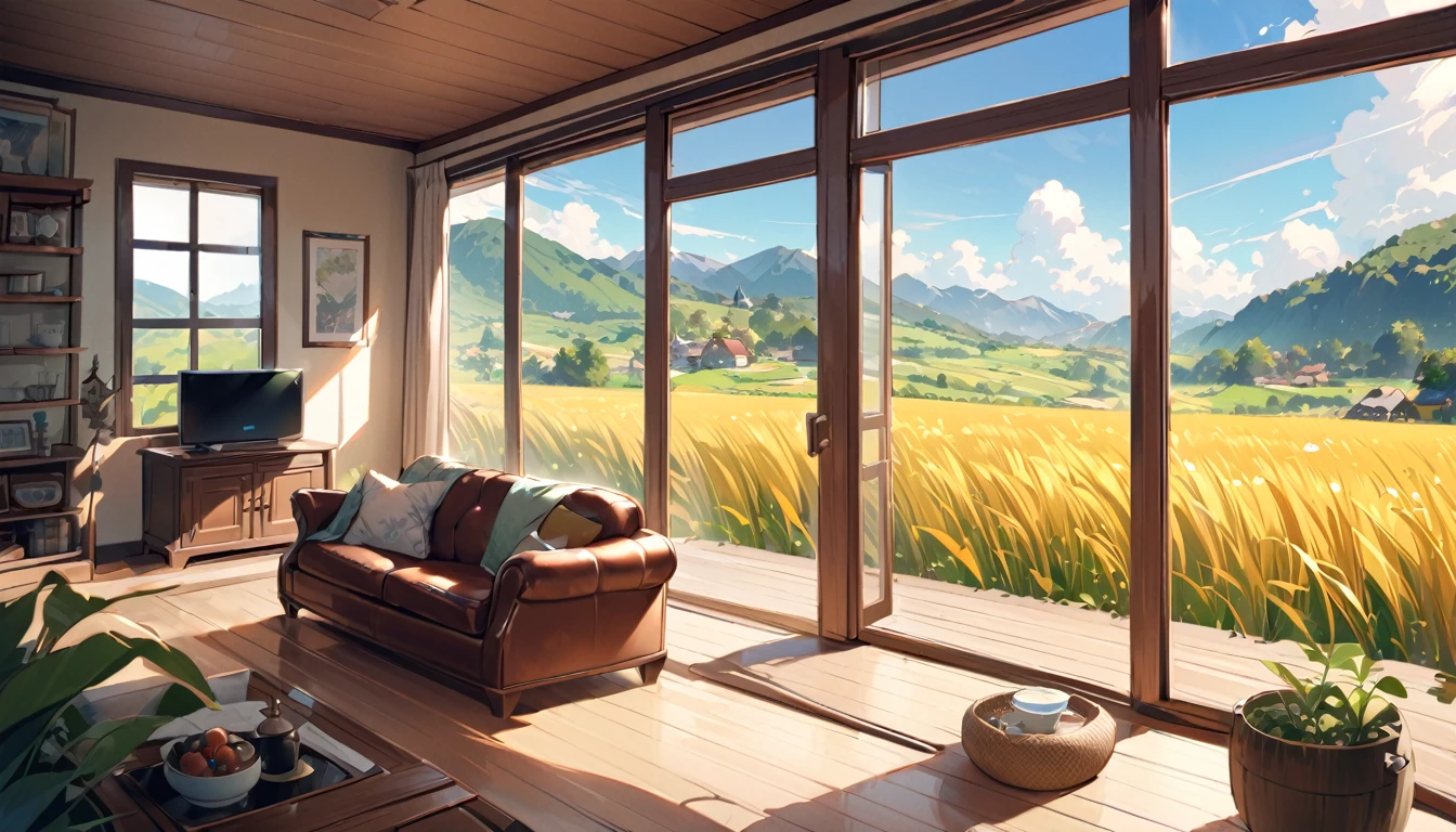 「A fantastical, cartoon-like scene of a rural landscape seen from the living room。Through the big window、The lush countryside spreads out。In the living room、Cozy and comfortable sofa、There is a wooden coffee table in front。Outside the window, rolling green hills and golden wheat fields spread out before you.、In the distance, windmills and small farms are scattered.、White clouds flow slowly in the sky、Harmonizing the tranquil beauty of nature。To match your living room decor、evening