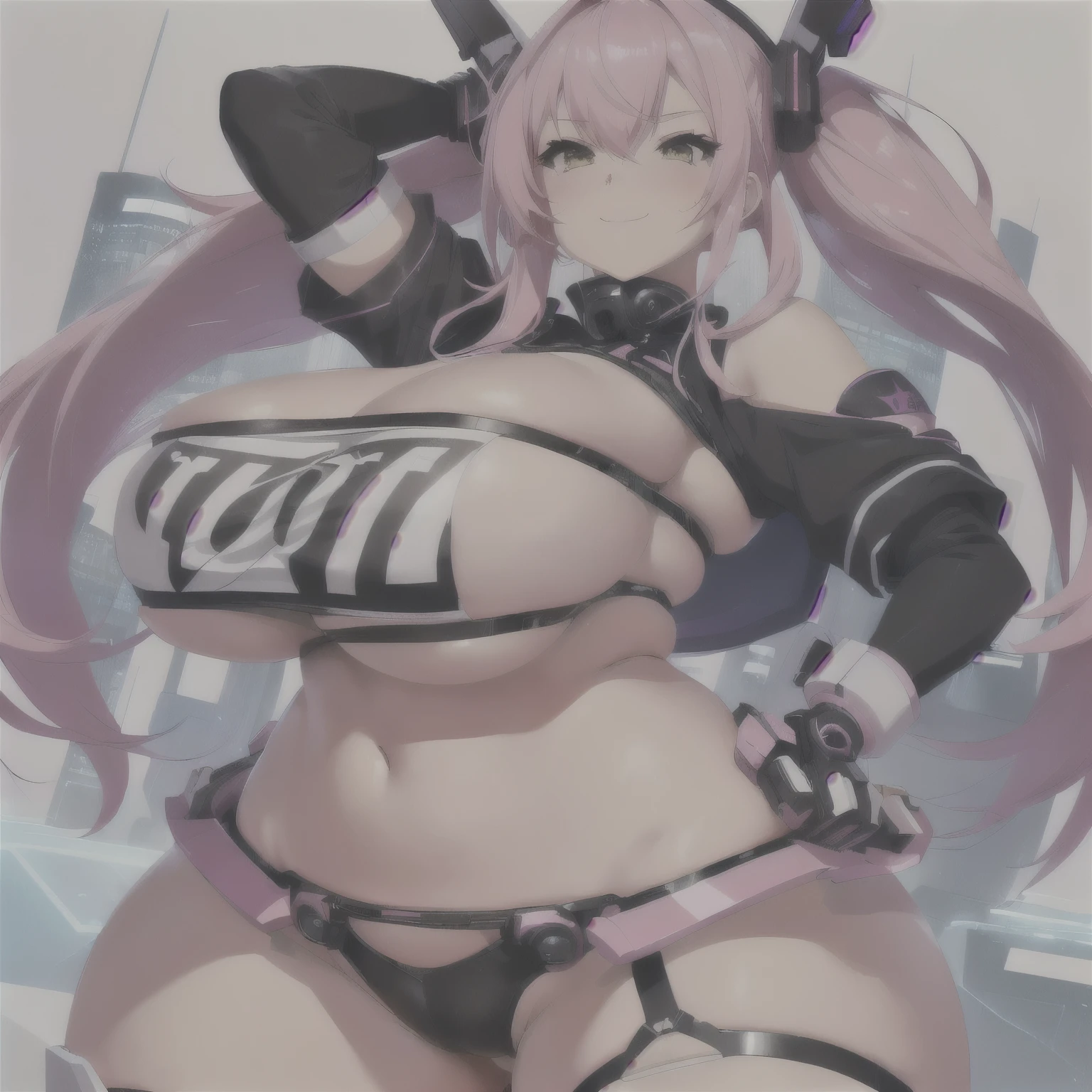 Anime girl with pink hair and black gloves, holding a white sign, Oppai, biomechanical Oppai, best rated on pixiv, , cyberpunk oppai, kantai collection style, Oppai proportions, dick, pixiv 3dcg, popular on pixiv, sie boob, azur lane style, hd smug face