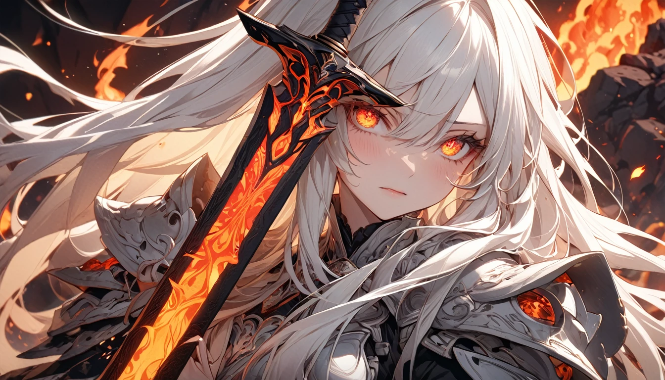 **138. One person。mysterious。Long-haired white-haired girl。Cowboy shot or close-up。
masterpiece, best quality, ultra detailed
(Detailed fingers), (Emotional), (Breathtakingly beautiful), (main part: 1.2 Whole body。), (Anime Style), (Very detailed), (Brutal), (超High resolution、High resolution), (8k), (High resolution: 1.2), (Complex and beautiful: 1.2)**
- background: Volcano tops、Lava flow。
- Long-haired white-haired girl: Delicately drawn armor、Sparkling Eyes。He has a flaming sword in his hand。
- Effects: Flames emanating from the sword、Burning lava in the background。
