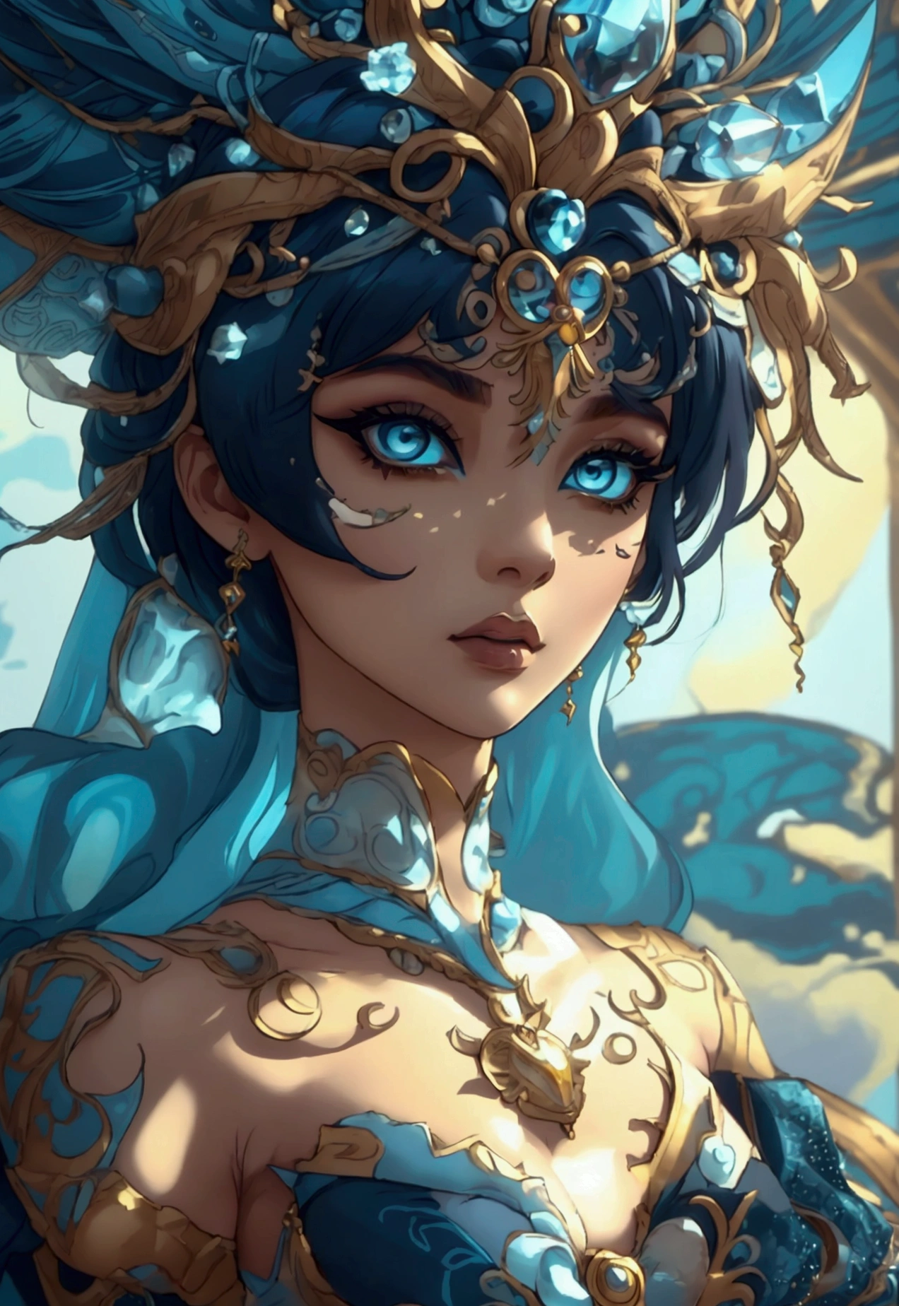 ( high quality , ultra detailed, be careful with your hand )Zodiac - goddess Sagittarius , similar to latin goodness . optimistic, impartial, fun and intellectual face . Reckless, cold heart, impatient, overconfident style . dark blue eyes (eye detail) , deep blue hair with bling bling , Transparent dress , in the ocean with stars , whole body , fire makeup , god chiron