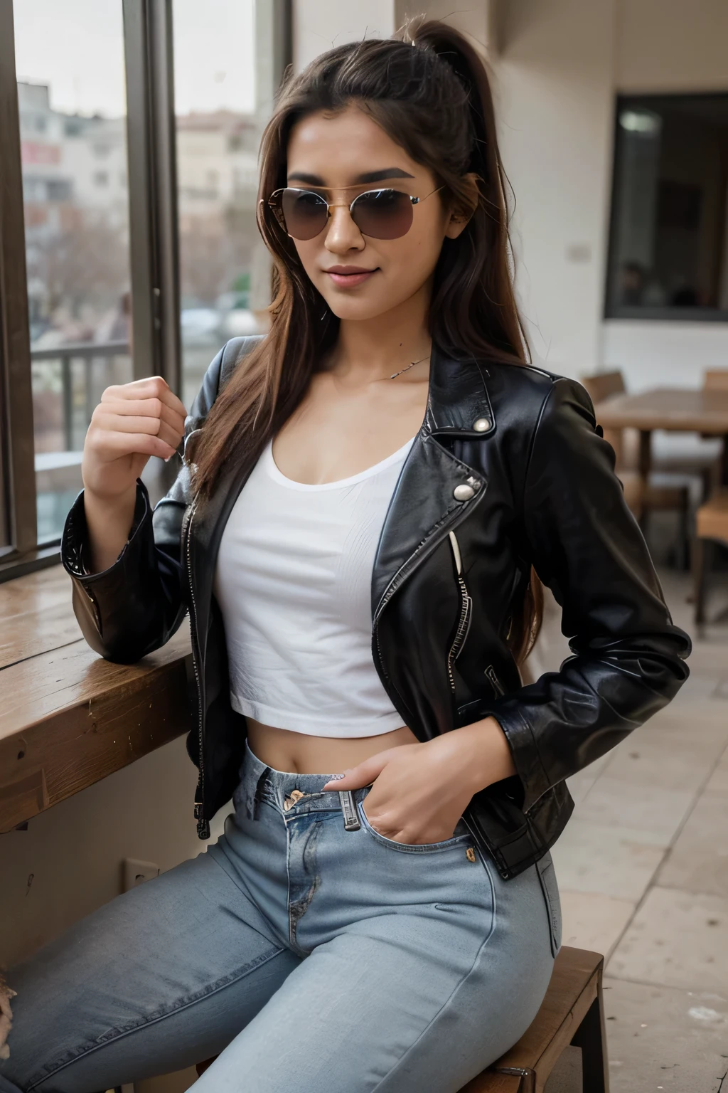 ((best quality)), ((masterpiece)), (detailed), 
A 21 year old beautiful Indian girl with long hair smiling face beautiful eyes wearing a leather jacket and jeans pant sitting with team gangster badass pose style full pic ponytail hairstyle wearing sunglasses in eyes 