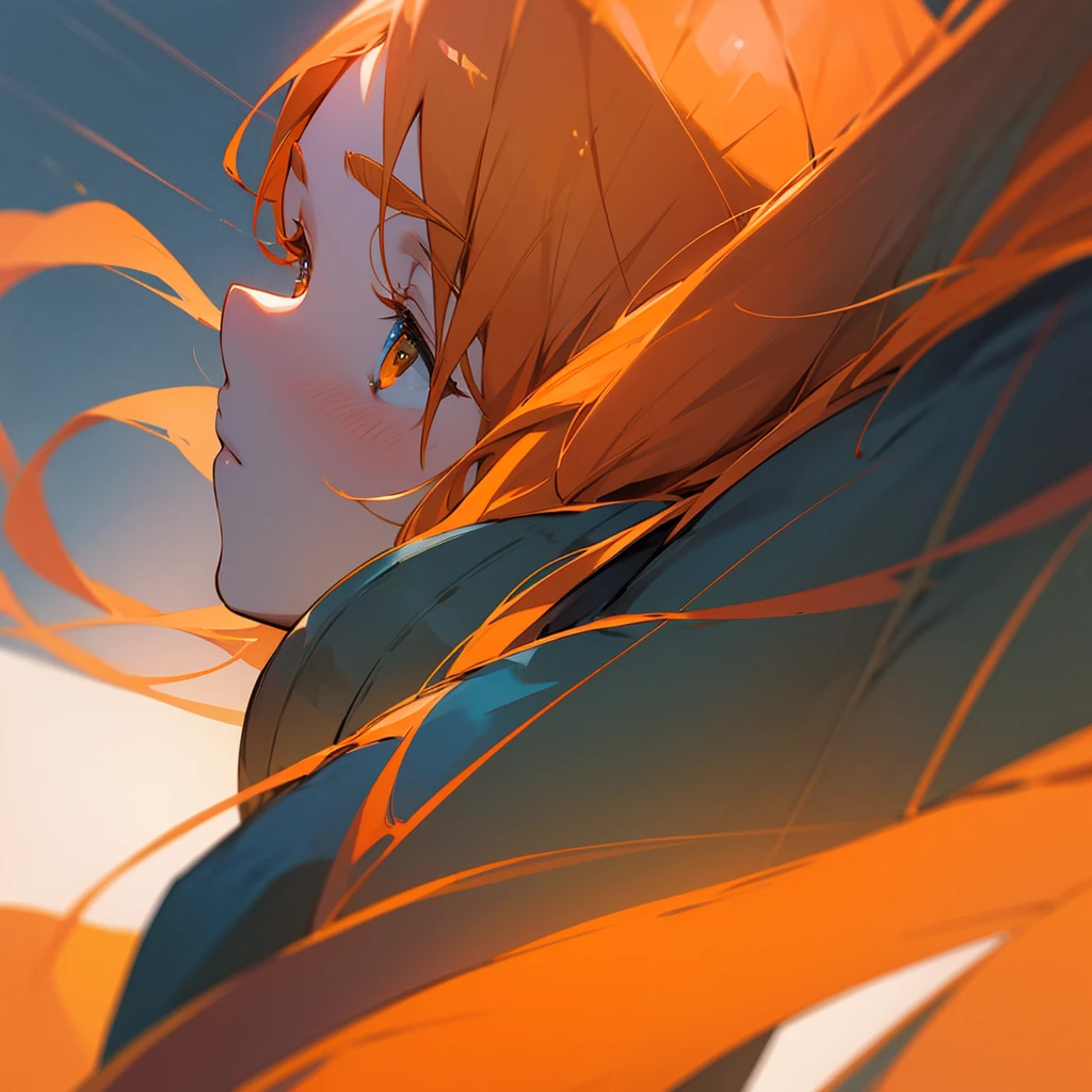 create an orange hair anime girl , gentle from a distant angle and she alone