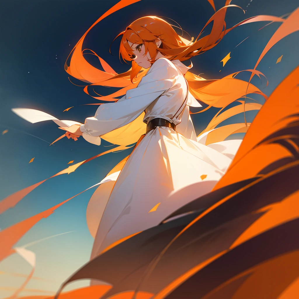 create an orange hair anime girl , gentle from a distant angle and she alone