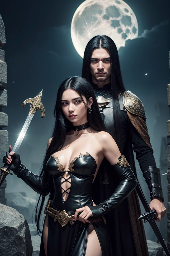 A hot beautiful woman with long hair, Caucasian skin, Bblack hair, Green Eye, she's hot, they are holding a sword stuck in the stone, the sword is black with a glowing moon symbol in the middle part, the woman is from medieval times, está está do lado de sua loba de Caucasian skin e olhos verdes, the woman is in the dark night with the moon