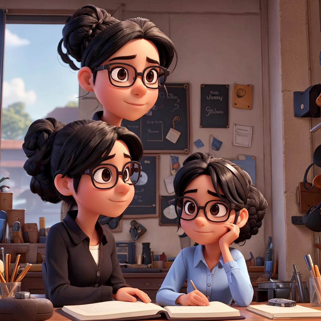 21 years, 1,60 tall, Bblack hair, wears glasses hair with bun, in front of the notebook
