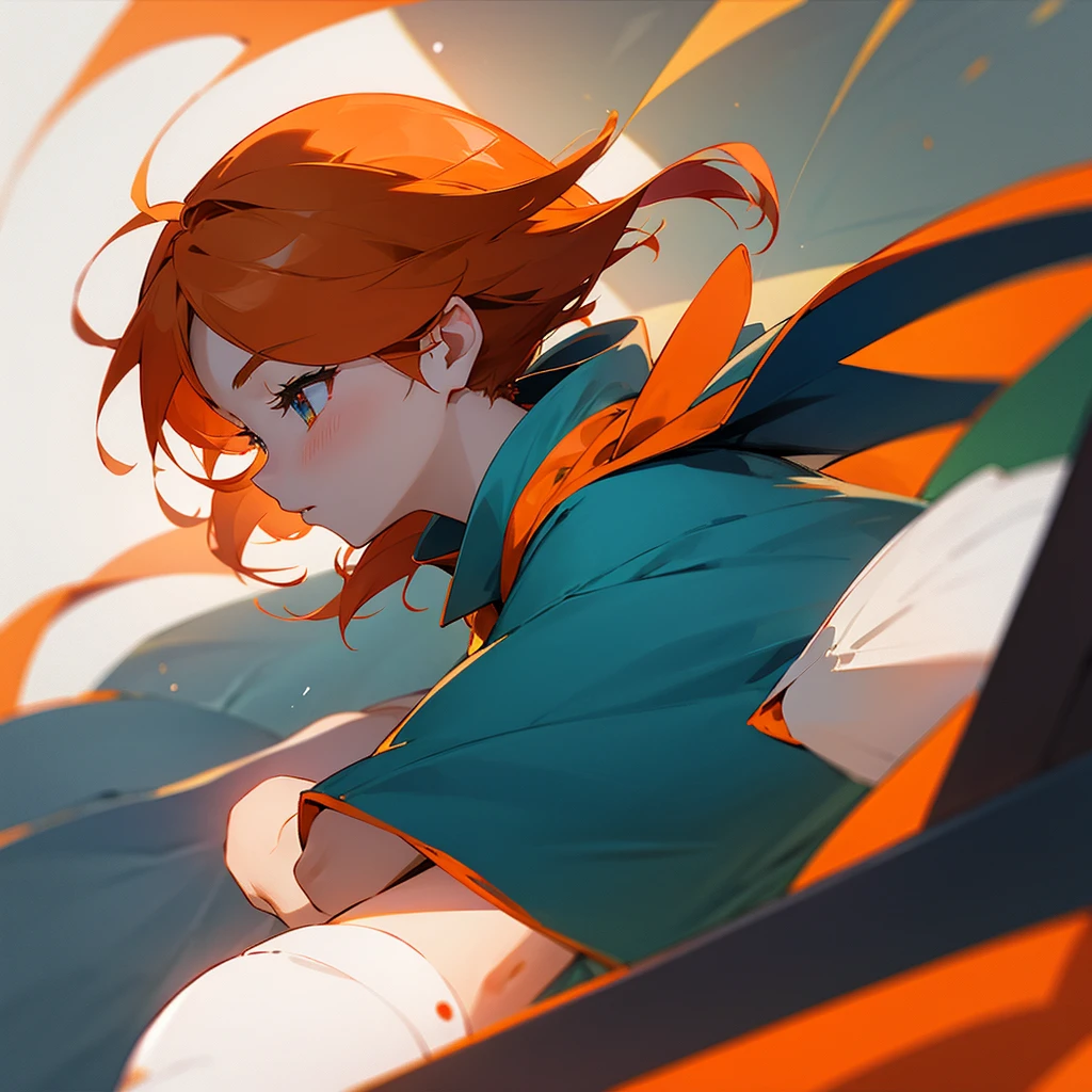 create an orange hair anime girl , gentle from a distant angle and she alone