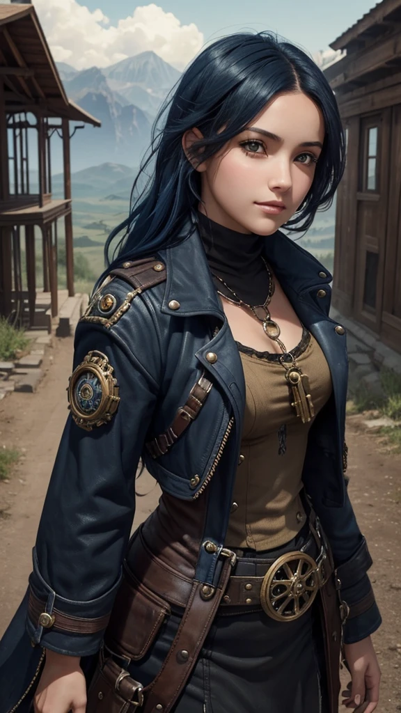 That has a background with a landscape behind , and in front there is a young and pretty girl with dark blue hair, Brown eyes carefree look that has a Steampunk style , and at the top say THE KEY OF DESTINY