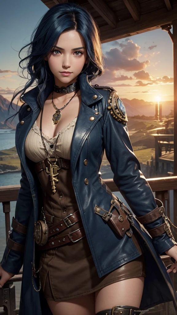 That has a background with a landscape behind , and in front there is a young and pretty girl with dark blue hair, Brown eyes carefree look that has a Steampunk style , and at the top say THE KEY OF DESTINY