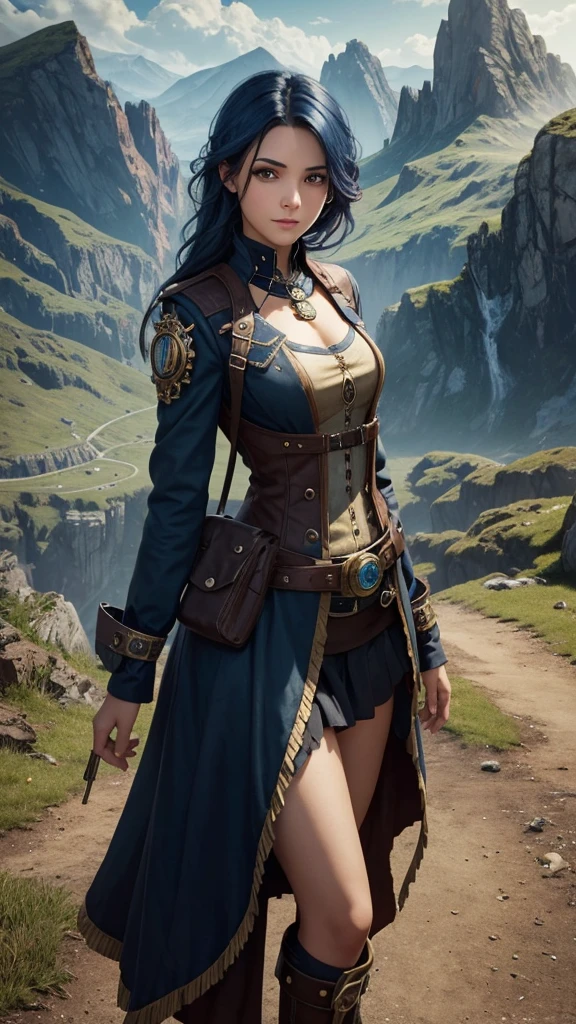 That has a background with a landscape behind , and in front there is a young and pretty girl with dark blue hair, Brown eyes carefree look that has a Steampunk style , and at the top say THE KEY OF DESTINY