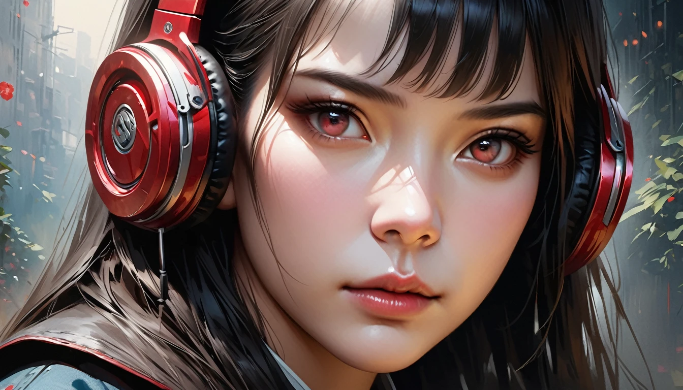 a detailed portrait of a beautiful young girl wearing japanese style headphones, long black hair, sensitive and precise, modern ukiyo-e style, dark atmosphere, 1girl, medium:digital painting, painterly, dramatic lighting, cinematic, vivid colors, highly detailed, intricate, sharp focus, photorealistic, (best quality,4k,highres,masterpiece:1.2),ultra-detailed,(realistic,photorealistic,photo-realistic:1.37)