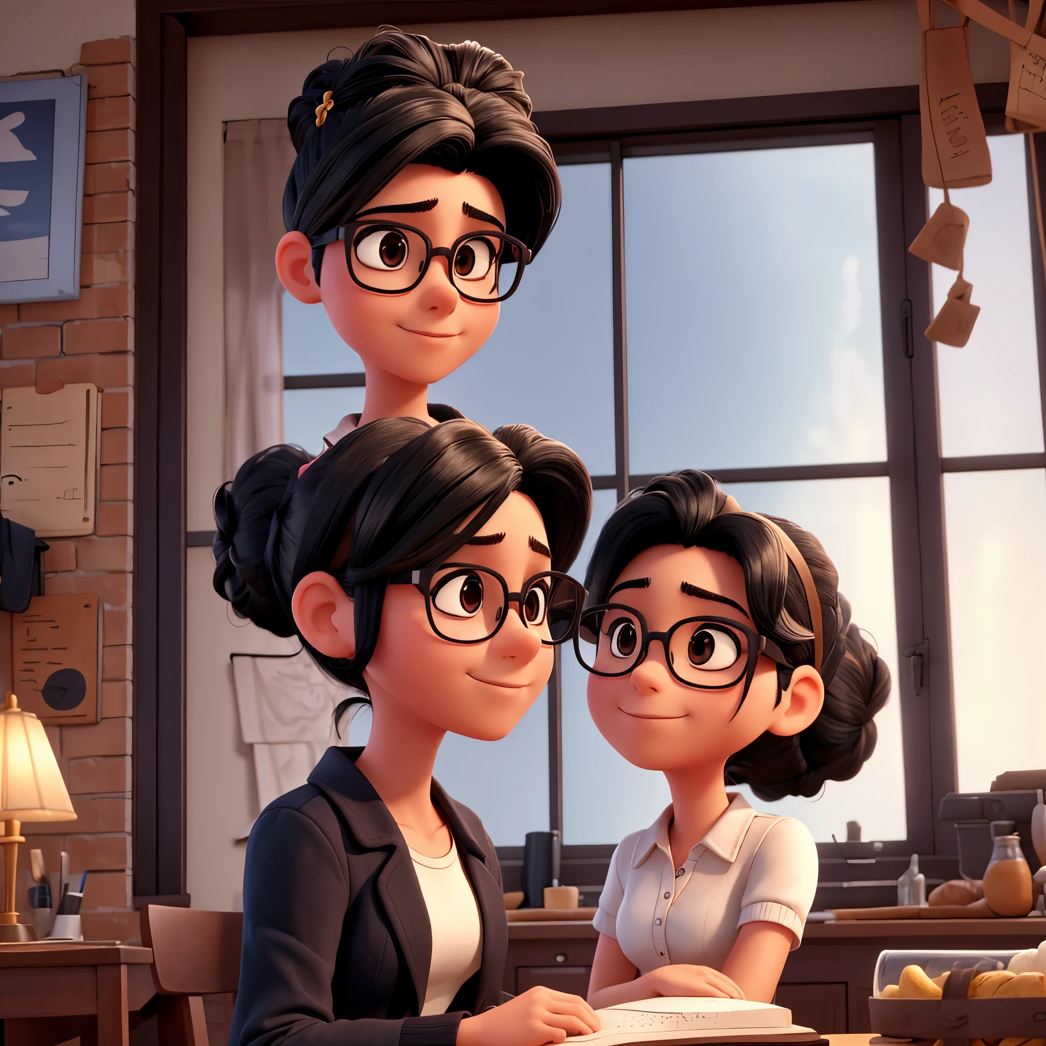 21 years, 1,60 tall, Bblack hair, wears glasses hair with bun, in front of the notebook