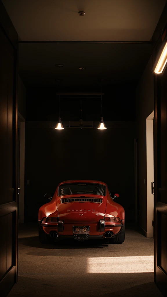 A vintage black and red Porsche 911 stands in some kind of room with good lighting and detailing with the headlights on 