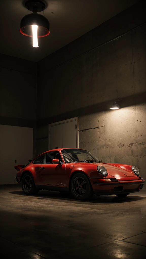 A vintage black and red Porsche 911 stands in some kind of room with good lighting and detailing with the headlights on