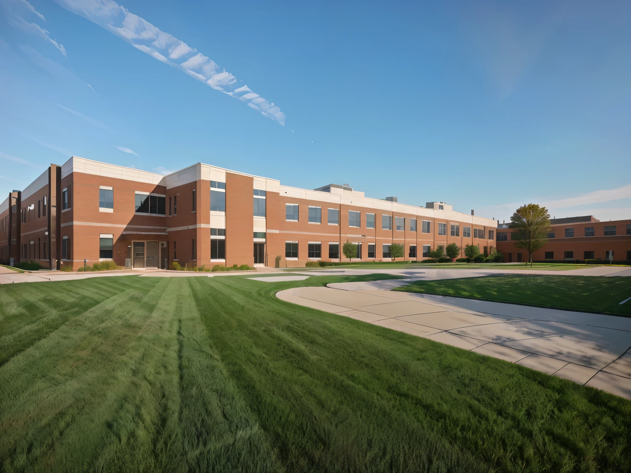 grassy area in front of a brick building with a paved walkway, high school, modern technology building, brick building, american school, school courtyard, private school, crisp smooth clean lines, schools, school, arhitectural shot, inside elementary school, highschool background, vibrant aesthetic, wide angle establishing shot, tosa school, peaceful environment, american barbizon school