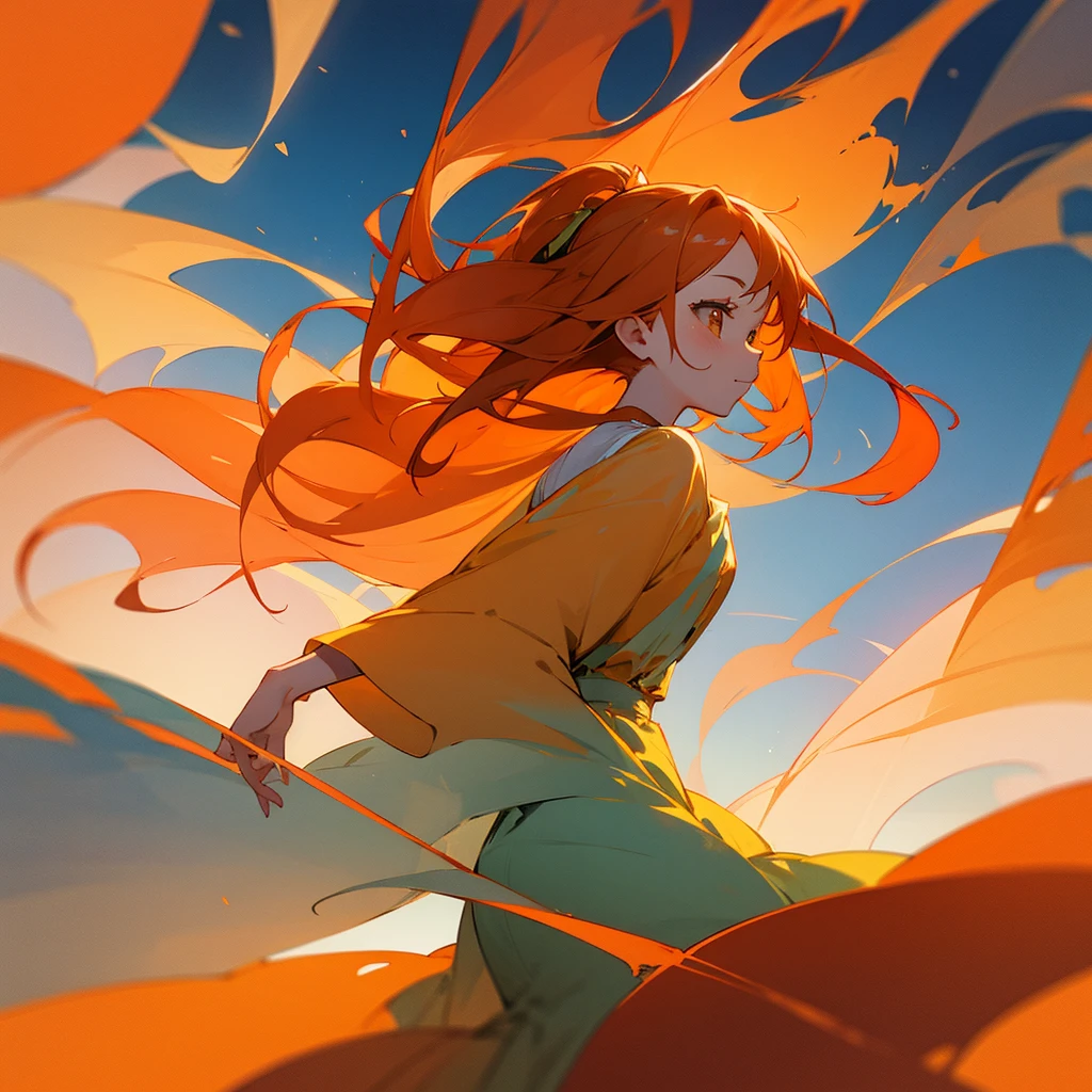 create an orange hair anime girl , gentle from a distant angle and she alone, Background transparent 