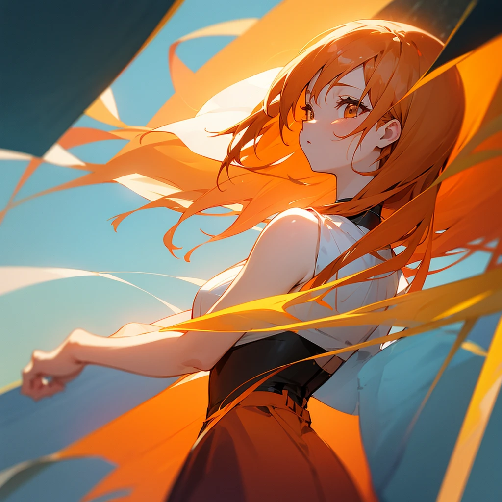 create an orange hair anime girl , gentle from a distant angle and she alone, Background transparent