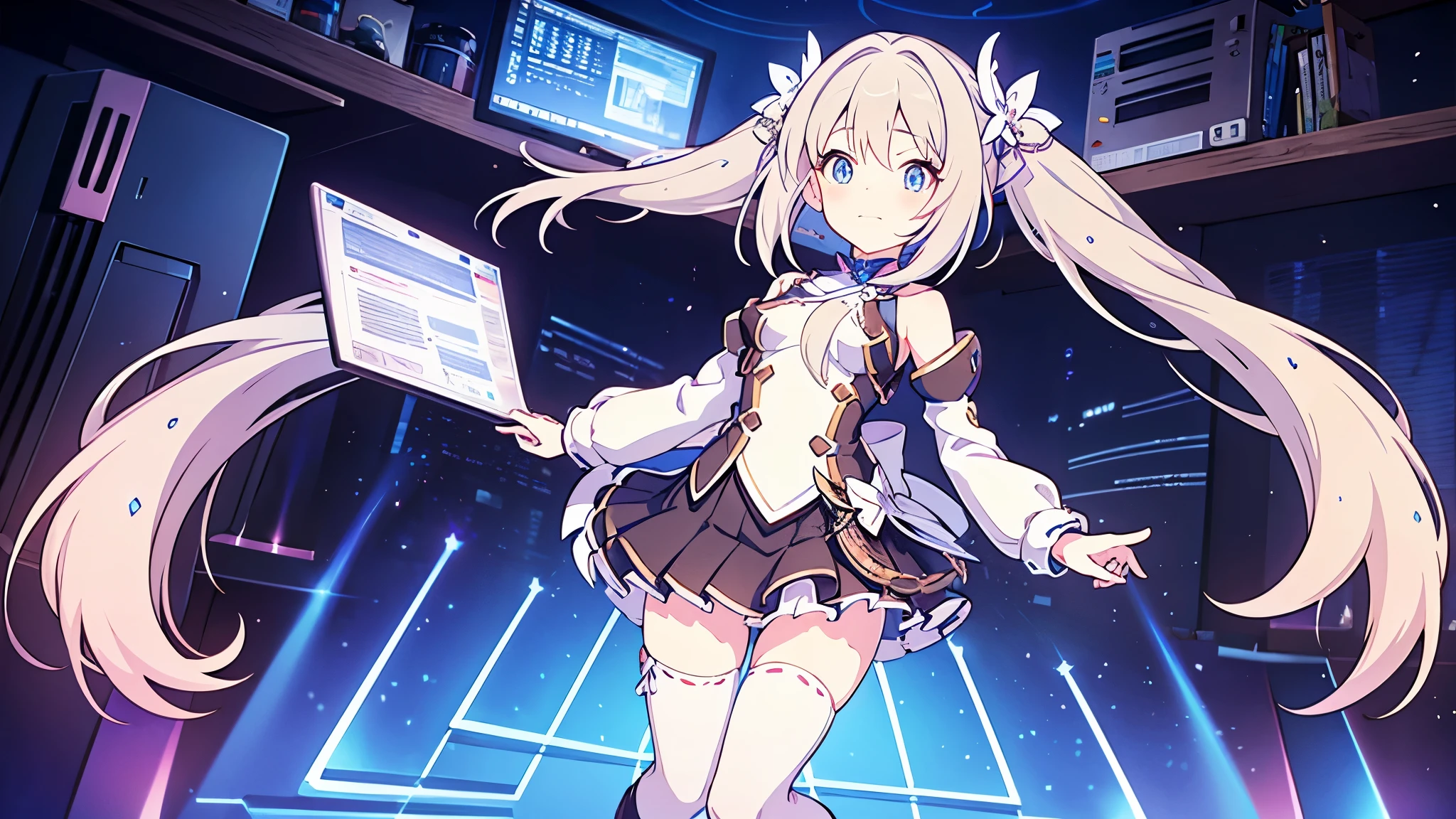 1 beautiful girl excellent quality perfect anatomy vtuber white hair light blue eyes long stockings in the room rgb led pc gaming full body Mini skirt small breasts