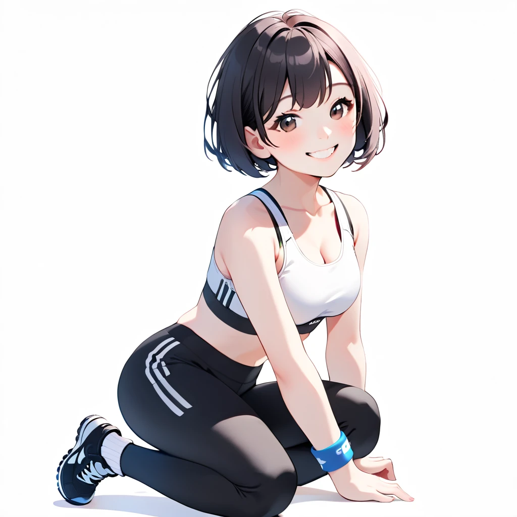 ((whole body)),((Girls with very short hair)),,((Sports bra and black leggings)), Wristband,White loose socks,Black sneakers, ,smile, White background(Little),(Littleキャラ)View your viewers,smile,White background only,whole body,From the side,One knee,,Look to the side