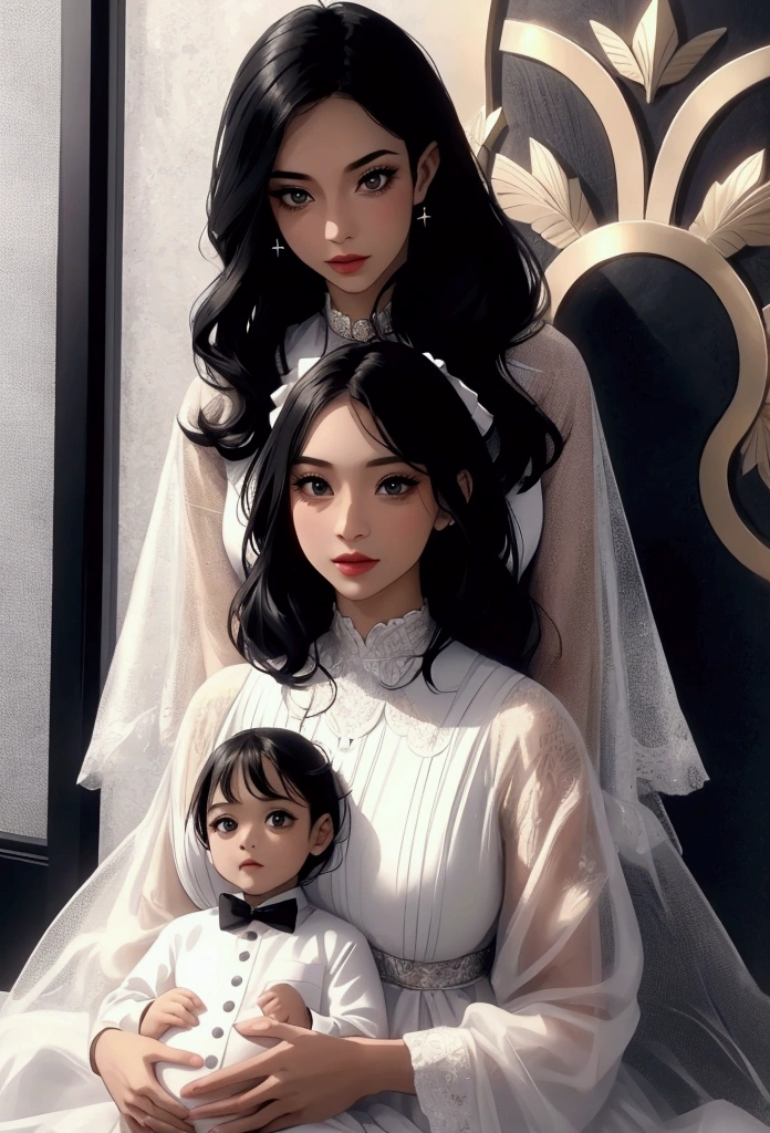 Family, real, chic, good looking, children, detailded, 4K, Mom and Dad, detailded eyes, cute hair, handsome man, beautiful woman, Fine Mother, hot daddy, hot parents, Mother with black hair, Pregnant mother, man looking at woman with love, man and woman