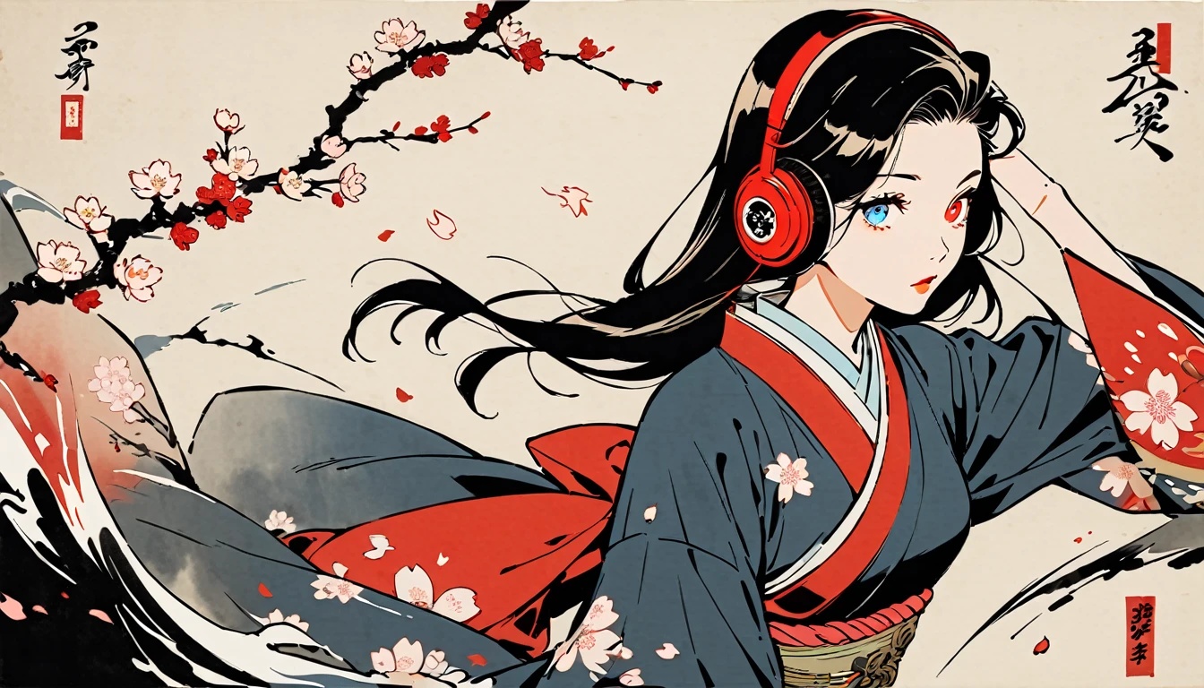 Ink painting, (((1 girl))), (((red eye and blue eye))), Japanese style headphones, Beautiful girl, black hair, Sensitive and precise, Moderner Ukiyo-e-Stil, bright, cherry blossom petals 
