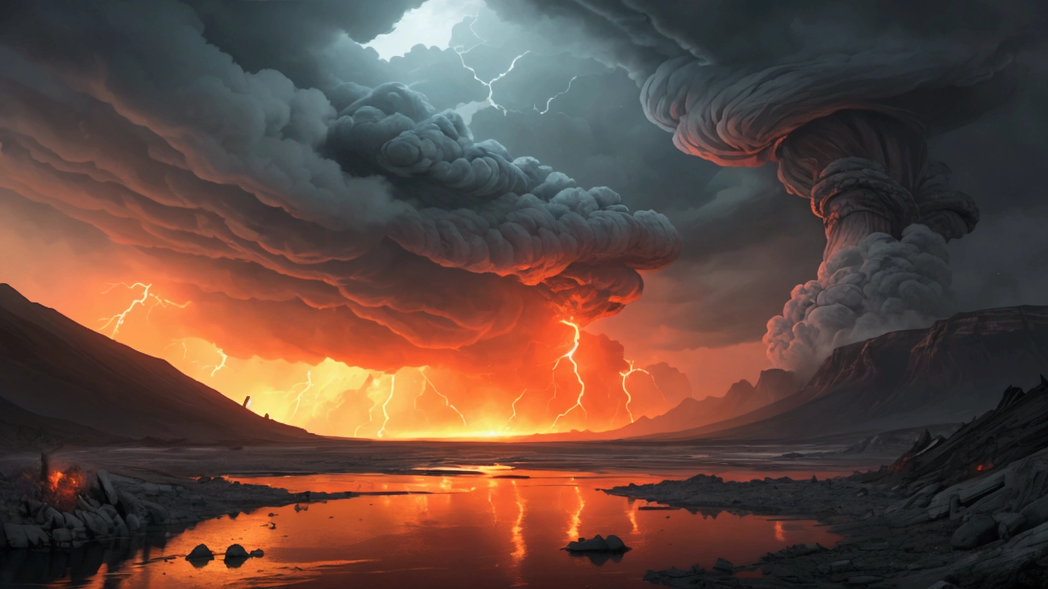 "Description: Illustrate a dramatic and intense scene that conveys the high stakes and clear warnings of the Bible's message about the end times. Show an ominous landscape with prophetic symbols and urgent messages, emphasizing the seriousness of the biblical warnings.

Details: Use dark, foreboding colors like deep reds, blacks, and grays to create a sense of urgency and danger. Include elements such as towering storm clouds, apocalyptic symbols (e.g., trumpets, scrolls, seals), and scenes of natural disasters and conflict. Show expressions of fear, determination, and resolve on the faces of individuals, symbolizing their awareness of the high stakes and the need to heed the warnings."