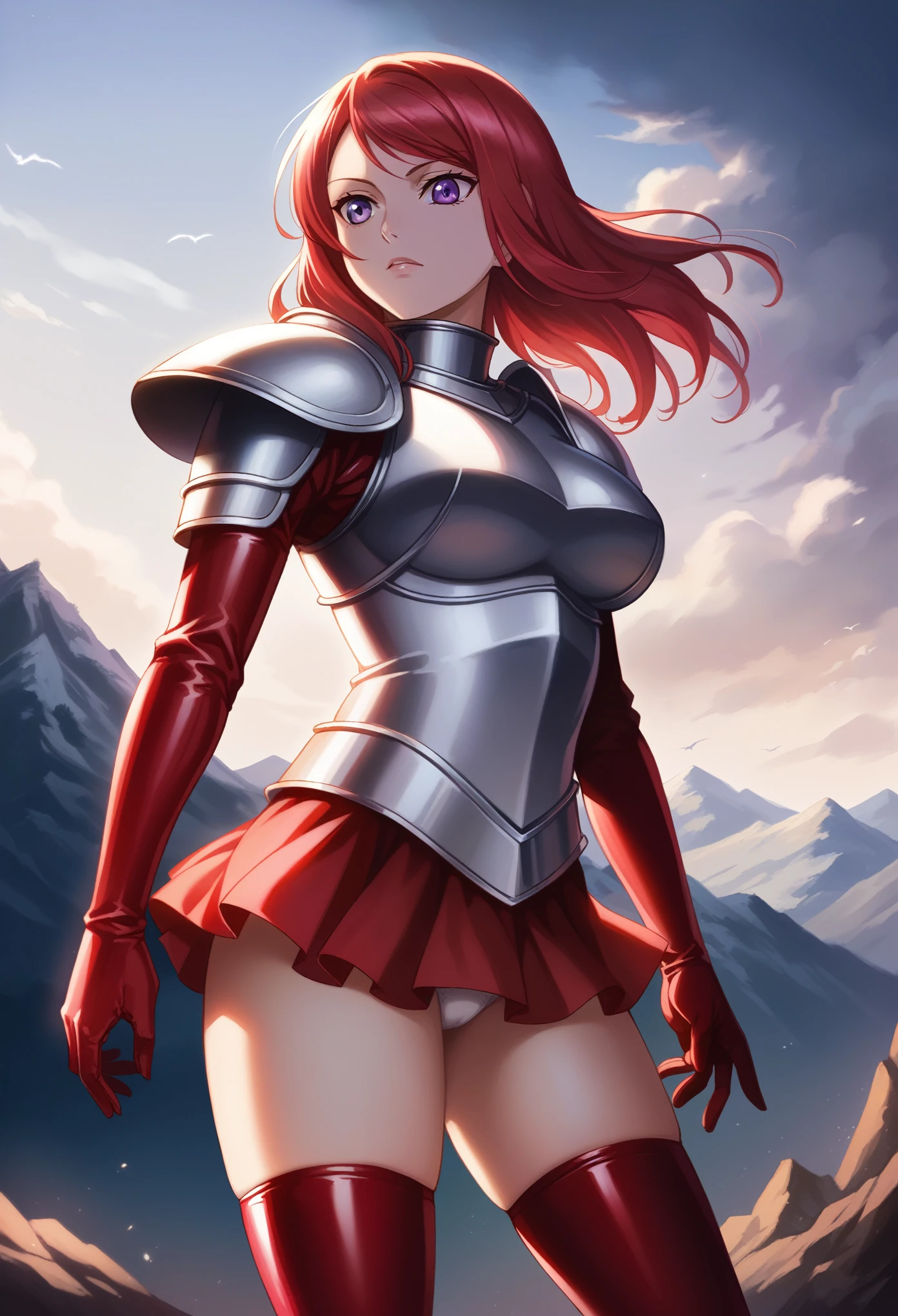 (Masterpiece, Best Quality, High Quality), realistic art,volumetric lighting, illustration, beautiful, perfect lighting, perfect shadows,Nishikino maki , cowboy shot, (silver armor:1.2), red latex microskirt, thighs, solo, purple eyes ,red hair ,in mountains,under moonlight,big breasts , underwear visible 