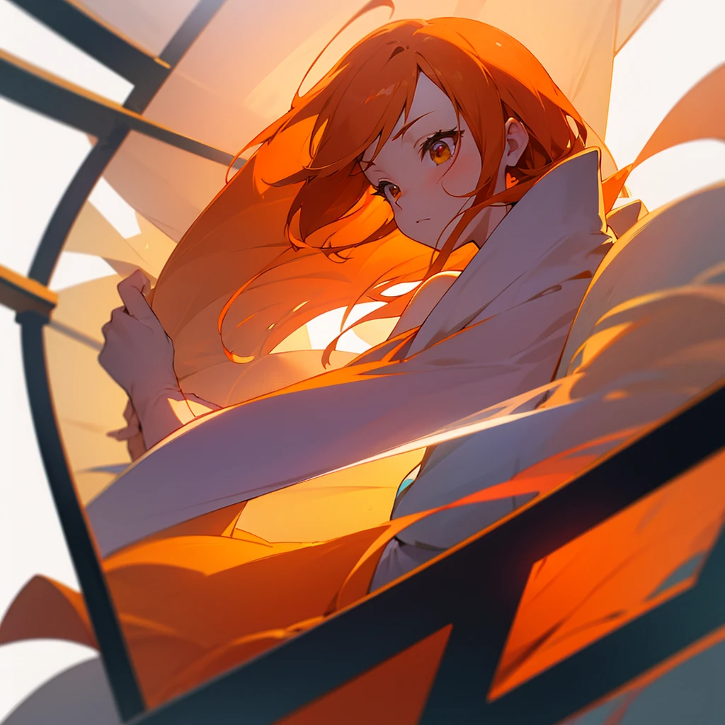 create an orange hair anime girl , gentle from a distant angle and she alone, Background transparent