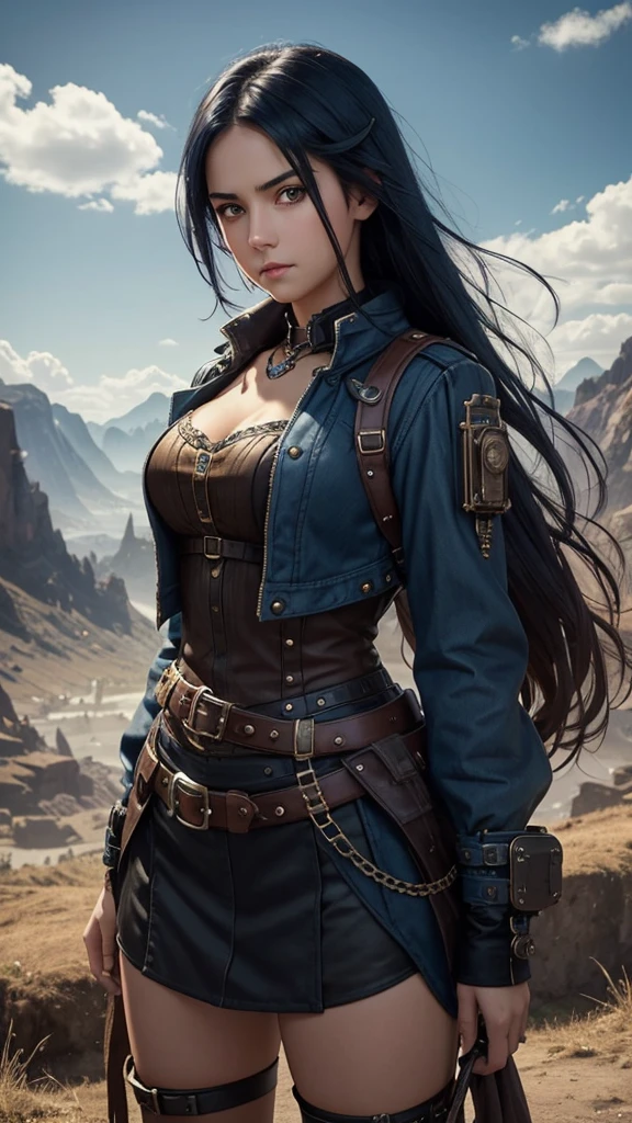 That has a background with a landscape behind , and in front there is a young and pretty girl who can only be seen from the waist up with dark blue hair, Brown eyes carefree and angry look that has a Steampunk style , and above there is a space