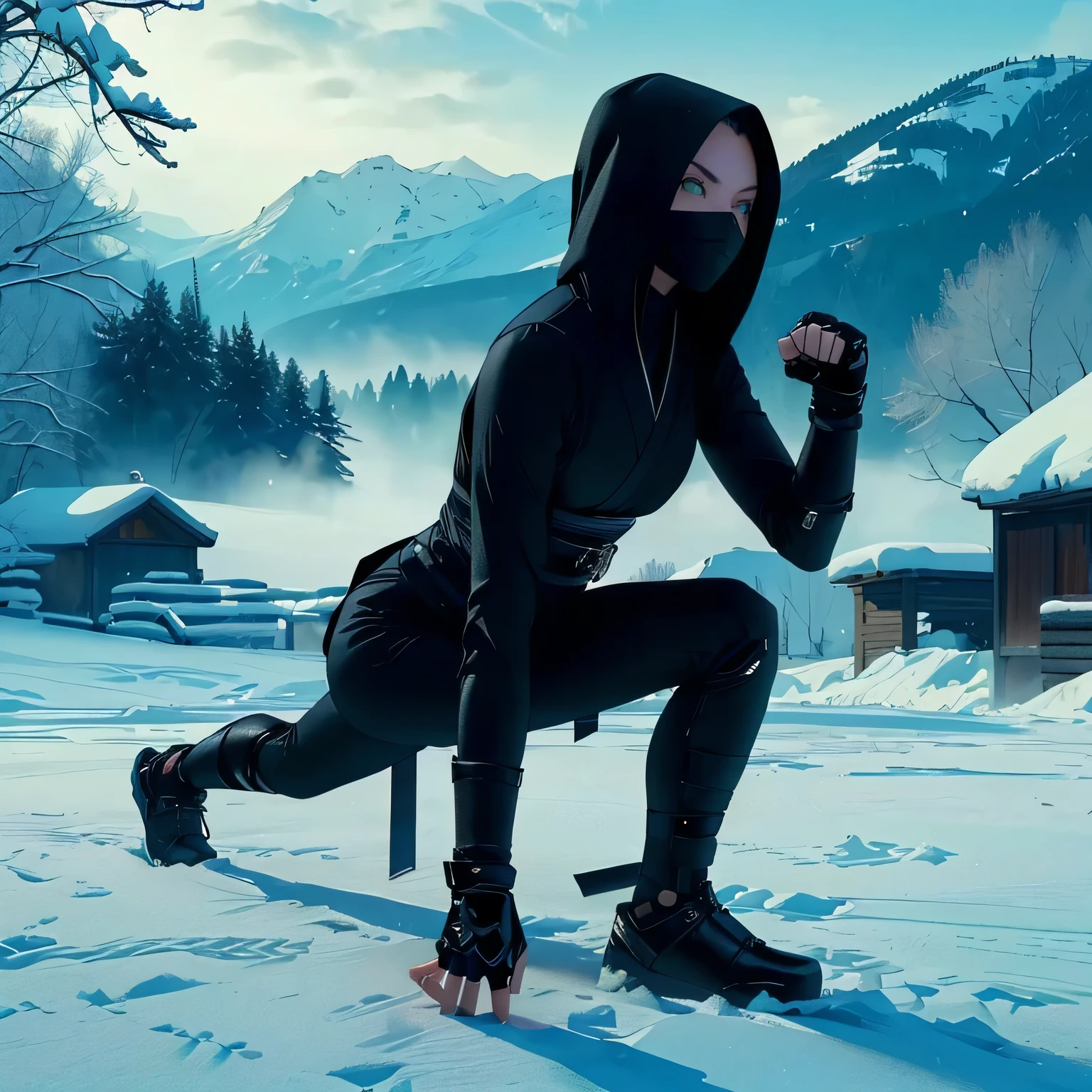 plump woman in black clothes crouching in the snow, ninja outfit, in the style of sifu 🔥 😎 🕹️ 👀 :2, epic ninja suit, ninja, female assassin, character from mortal kombat, badass pose, mk ninja, gothic ninja, mystical ninja, an angry teenage killer, beautiful female assassin, style of mortal kombat, greeneyes, foco nos greeneyes