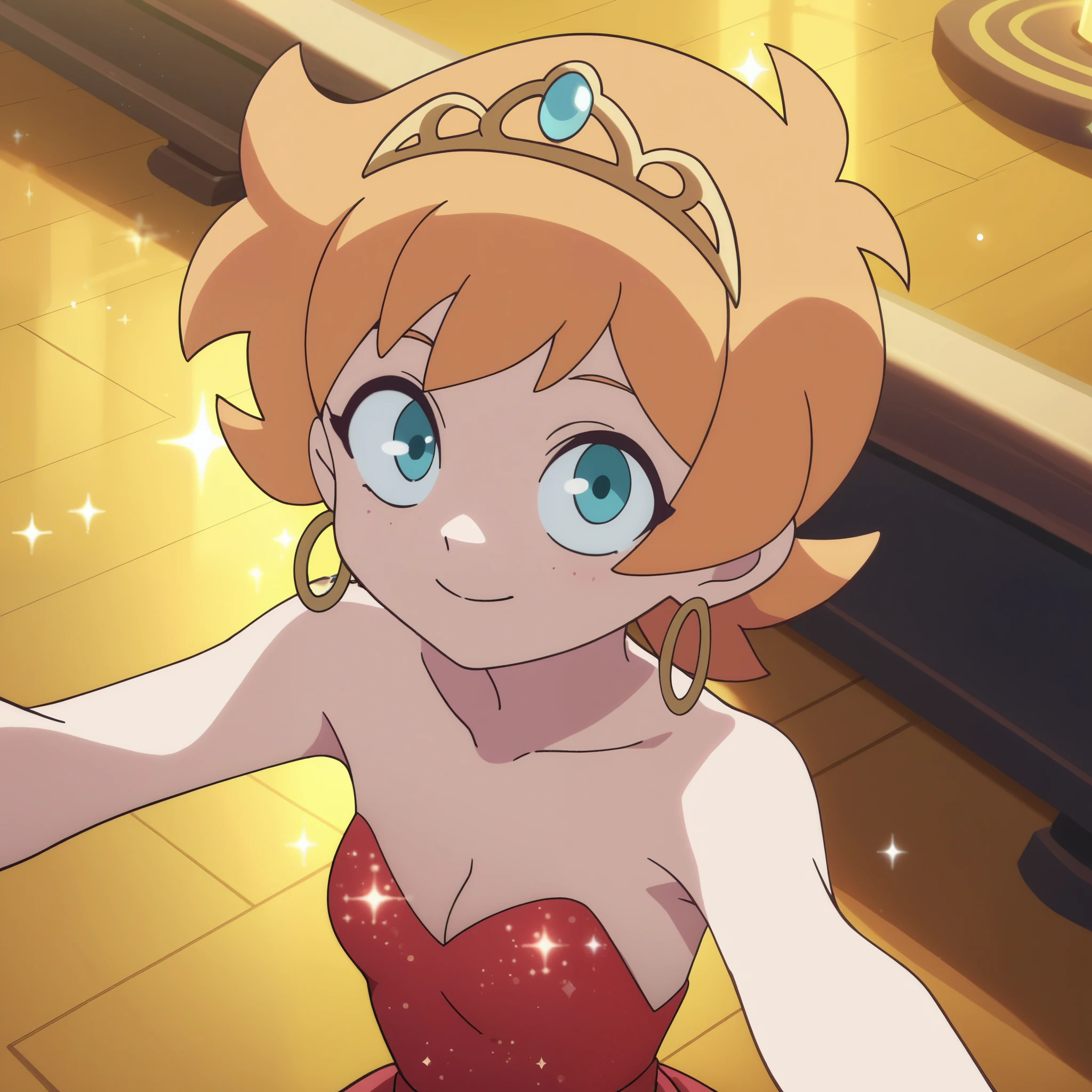 score_9, score_8_up, score_7_up,source_anime, anime screencap, Lotte Jansson, tiara, solo, indoors, dark, blush, looking up at viewer, (sparkling red dress:1.2), glittery red dress, glitter, bare shoulders, smile, ballroom, selfie, elegant dress, beautiful, golden floor, sparkling, sparkles, gold hoop earrings, cleavage, very small breasts,