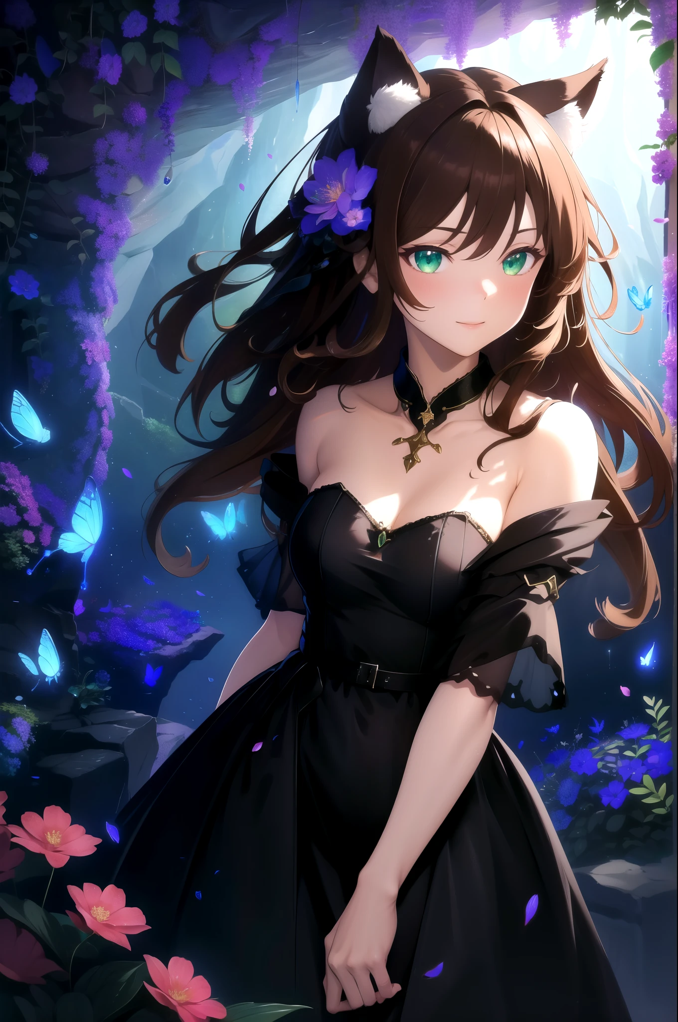 masterpiece, best quality, highres, 1girl, solo,
BREAK
depth of field, rim lighting, flowers, petals,
crystals, cave, butterfly, vegetation, aura, magic,
BREAK
raifu, brown hair, green eyes, wavy hair, cat ears, blush, light smile
(medium breasts:0.8), mature female, short black dress, low cut neckline dress