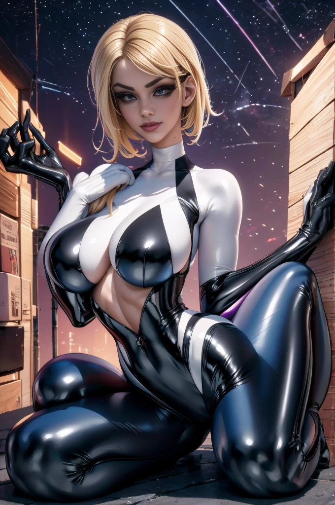 full body picture Unreal Engine 5 8K UHD of beautiful woman,com cabelos loiros curtos,Wearing tight neon bikini futuristic latex spider woman ,latex bikini,sexy action,Wait for the breasts sluggish muscular figure,Swimsuits that rarely cover the skin,latex glove,Use purple glass,耳Nipple Ring,Pierced lip piercing,,best qualityer,tmasterpiece,8K UHD Wallpaper, Gwen Spider, Gwen in a black outfit with spider in the center of her chest in white, organic-looking clothing, testa gooey, symbiote, eye white, fine arts, , Highly detailed cinematic rendering, ultra photorealistic raytricing, with cinematic lighting, ass ,lewd