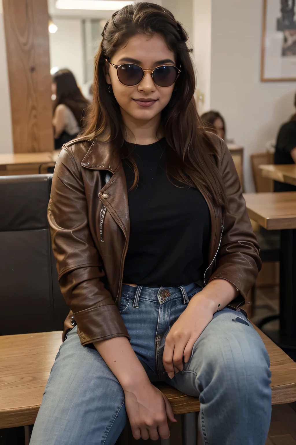 ((best quality)), ((masterpiece)), (detailed),
A 21 year old beautiful Indian girl with long hair smiling face beautiful eyes wearing a brown leather jacket and jeans pant sitting in a open cafe gangster badass pose style full pic ponytail hairstyle wearing sunglasses in eyes