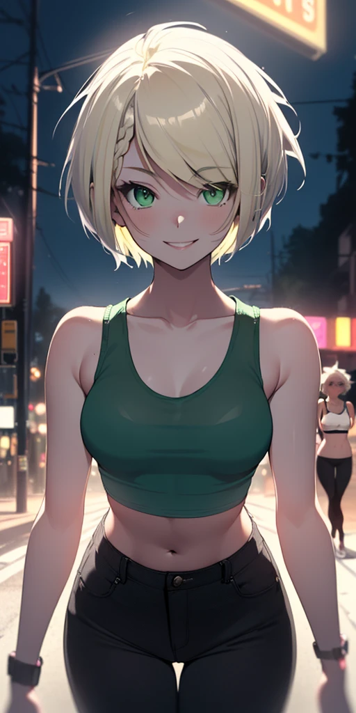 artwork, best quality, (((NSFW))), (((1 young woman))), (((solo))), (((platinum blonde hair))), (((short hair))), (((green eyes))), braids, (((medium perky breasts))), on the street, night, neon light, (((white tank top))), (((transparent tank top))), (((bra))), (((black pants))), (((smile))), front view, standing, in the crowd,