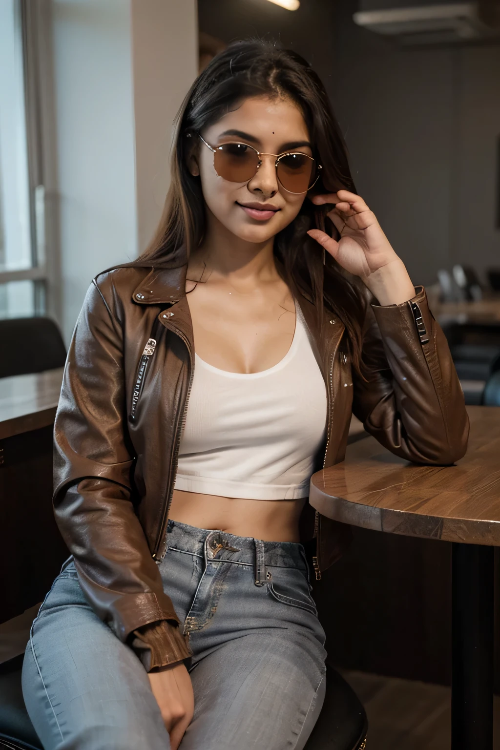 ((best quality)), ((masterpiece)), (detailed),
A 21 year old beautiful Indian girl with long hair smiling face beautiful eyes wearing a brown leather jacket and jeans pant sittings gangster badass pose style full pic ponytail hairstyle wearing sunglasses in eyes