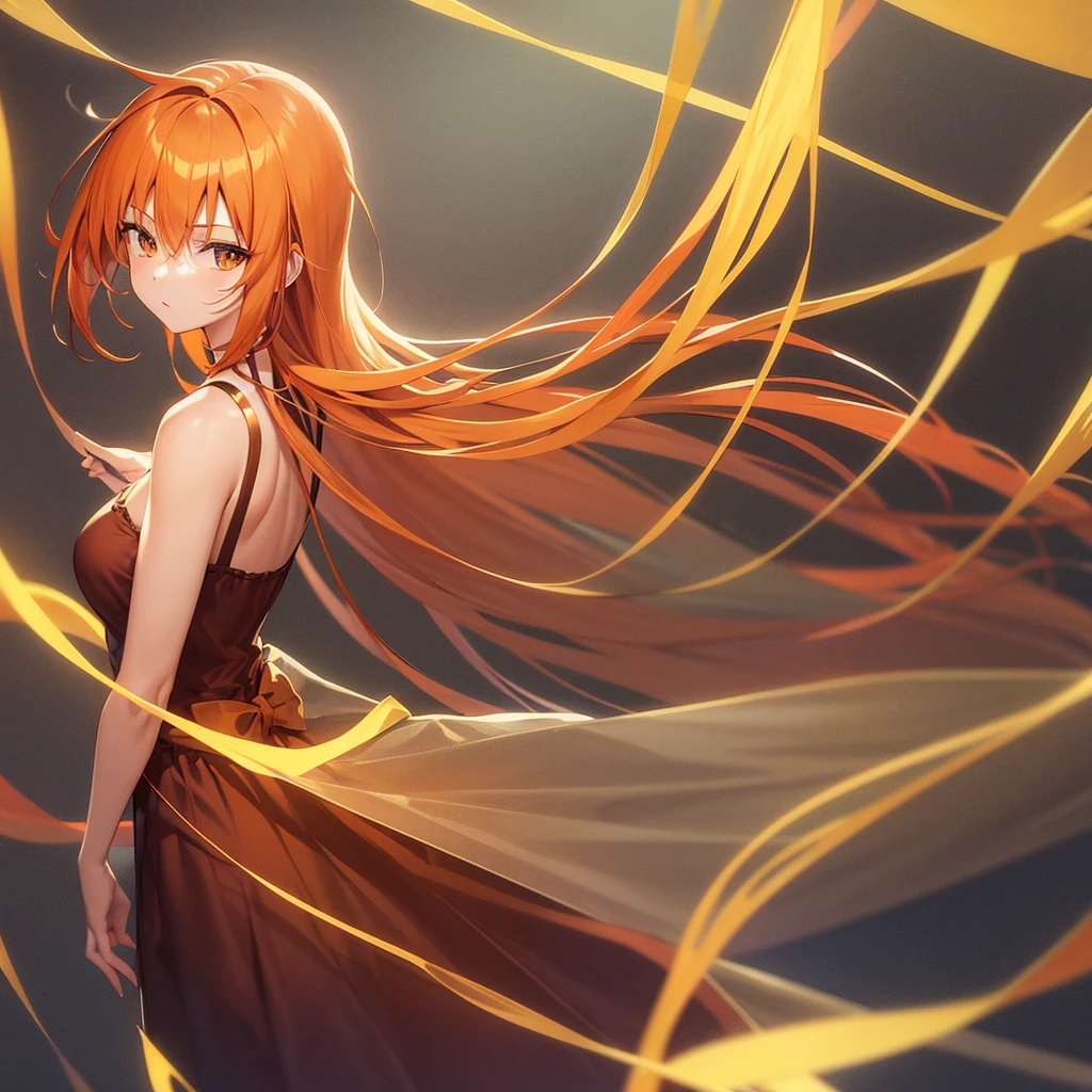 create an orange hair anime girl , gentle from a distant angle and she alone, Background transparent 