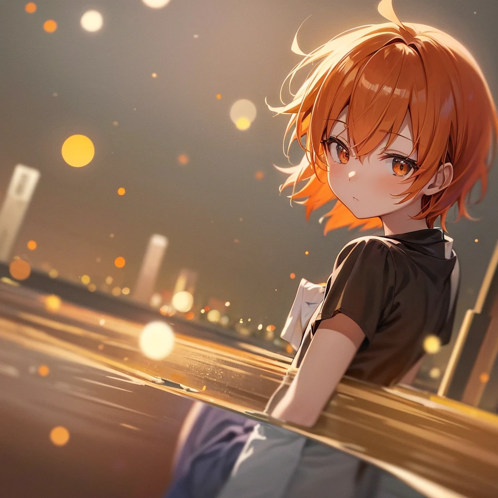 create an orange hair anime girl , gentle from a distant angle and she alone, Background transparent 