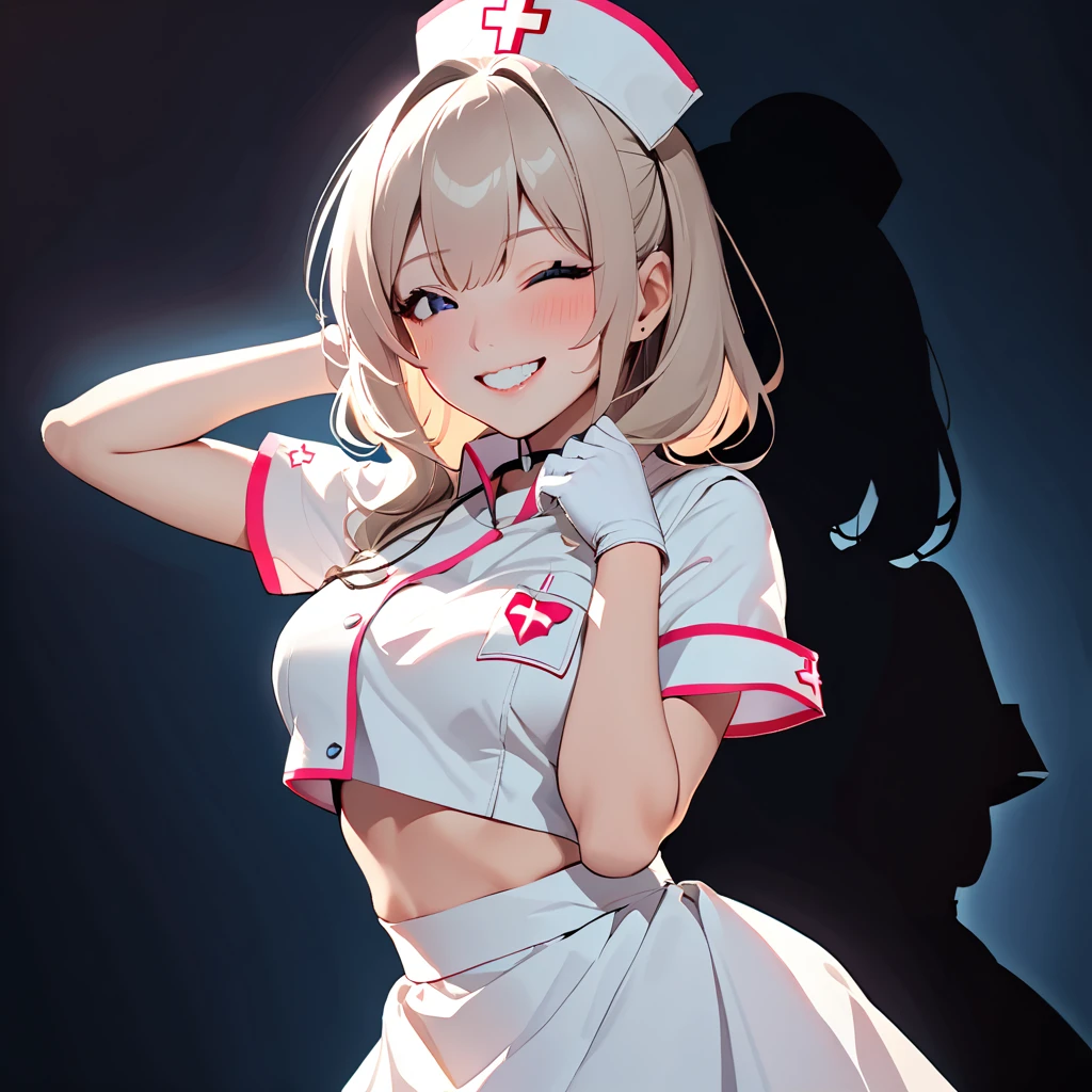 Highest quality, masterpiece, 1 girl, (Silhouette Lighting:1.2), Close one eye, Grin, White nurse costume, , (Skirt Lift:1.2), Show the whole body