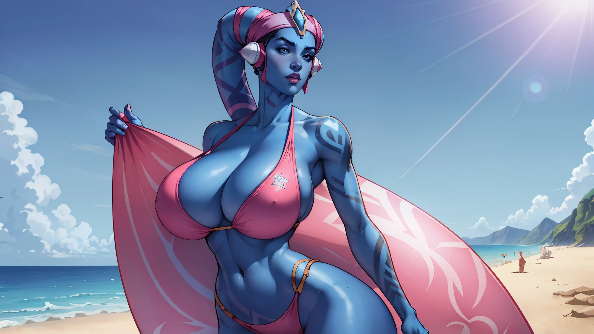 Bloom, HDR, lens flare, wide format, wallpaper, desktop, looking at viewer, Tall Blue Skin Twi'lek with (gigantic breasts) wearing a hot pink bikini on the beach, tattoos, cleavage, tall, graceful, (tall, long legs), athletic, slim hips, small waist, close-up