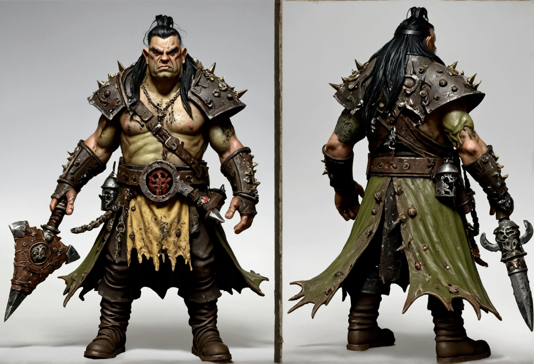 A 40ish man devotee of Warhammer chaos god Nurgle, (bedraggled, black hair, brown eyes, dirty and dingy, european features, dirty worn clothing, tabard with christian markings, obvious chaos tain assorted holy symbol necklaces dagger and mace on belt) walking a trail