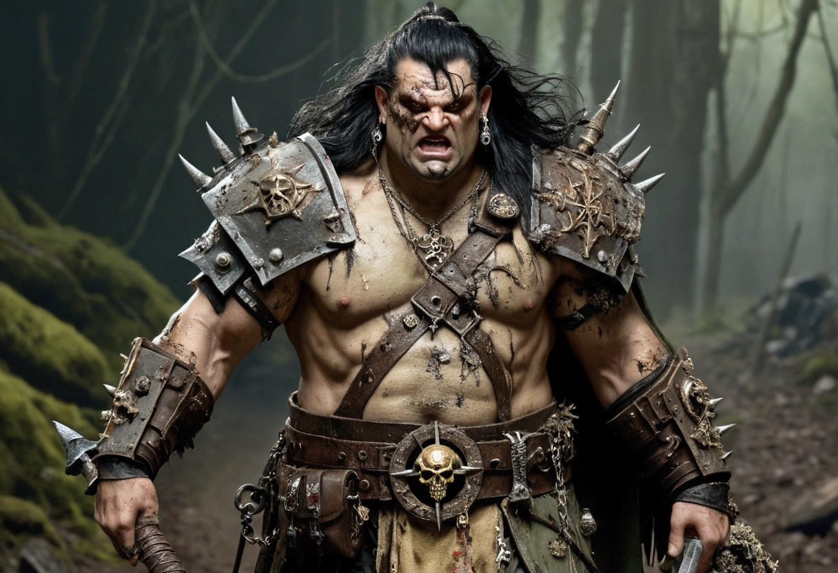 A 40ish man devotee of Warhammer chaos god Nurgle, (bedraggled, black hair, brown eyes, dirty and dingy, european features, dirty worn clothing, tabard with christian markings, obvious chaos tain assorted holy symbol necklaces dagger and mace on belt) walking a trail