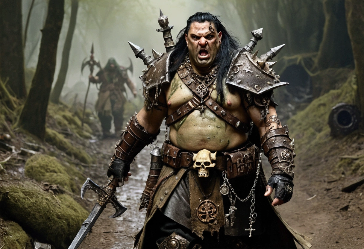 A 40ish man devotee of Warhammer chaos god Nurgle, (bedraggled, black hair, brown eyes, dirty and dingy, european features, dirty worn clothing, tabard with christian markings, obvious chaos tain assorted holy symbol necklaces dagger and mace on belt) walking a trail
