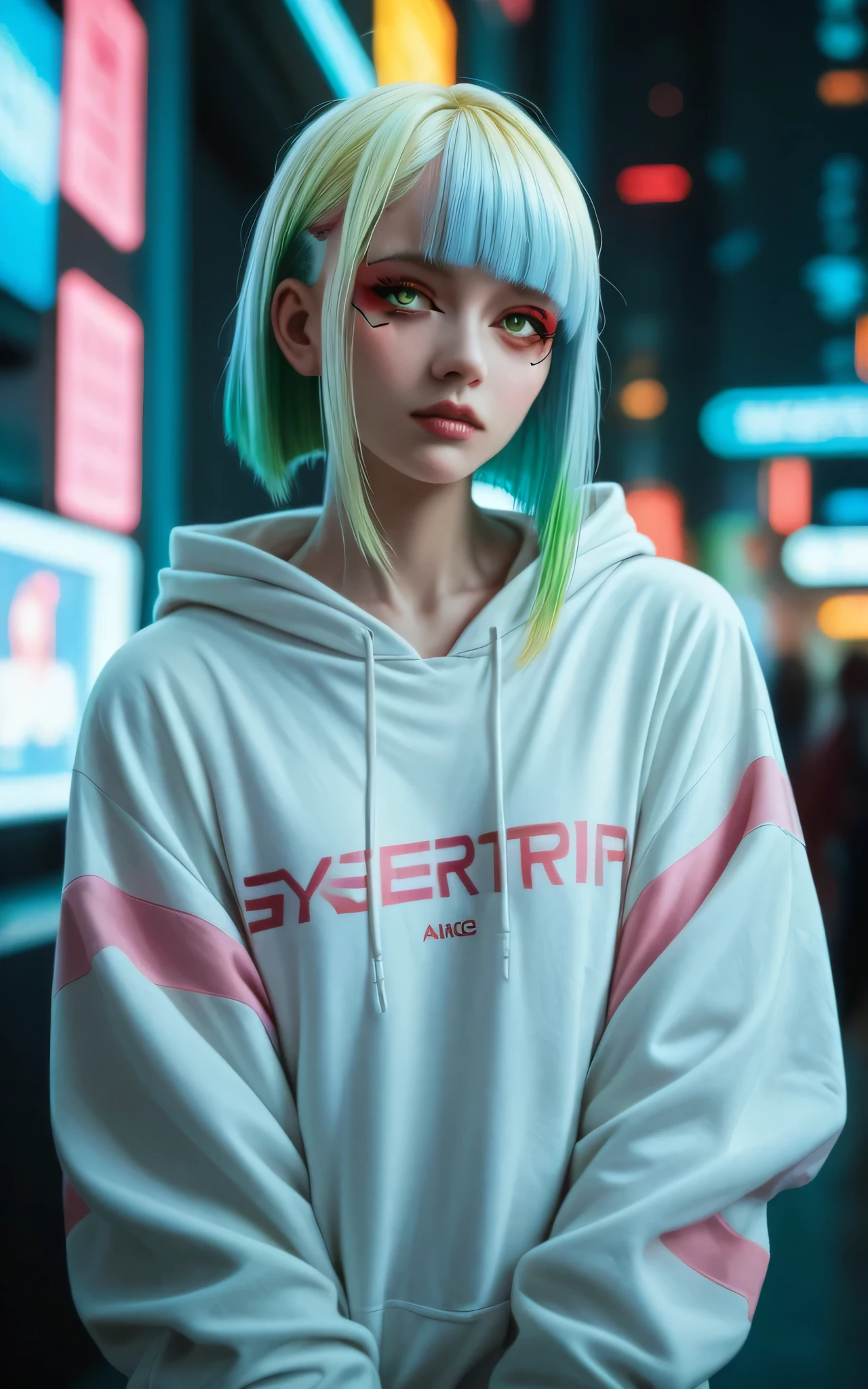 lucy \(cyberpunk\), masterpiece, high detail, 8k, 1girl, tall girl, hime cut, white hair, blue hair, pink hair, yellow hair, green hair, multicolored hair, parted bangs, red eyeliner, white hoodie, cyberpunk \(series\)