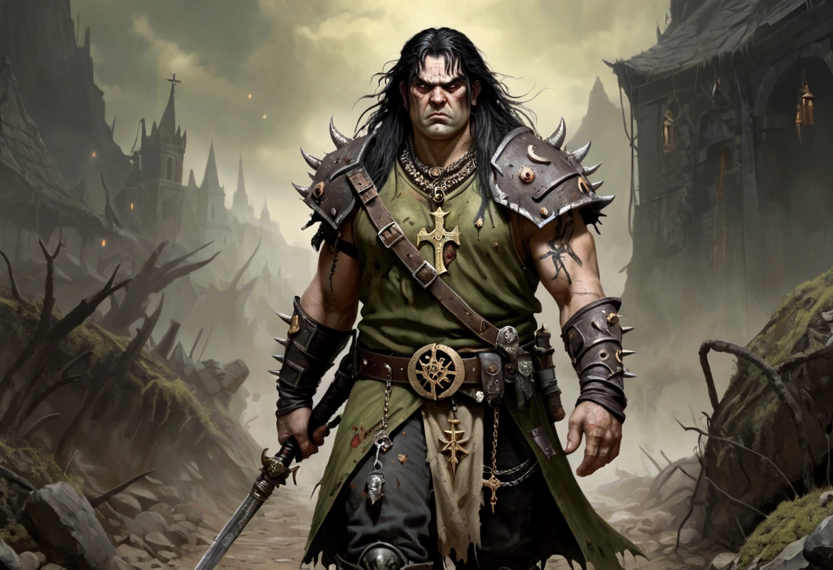 A 40ish man devotee of Warhammer chaos god Nurgle, (bedraggled, black hair, brown eyes, dirty and dingy, european features, dirty worn clothing, tabard with christian markings, obvious chaos tain assorted holy symbol necklaces dagger and mace on belt) walking a trail