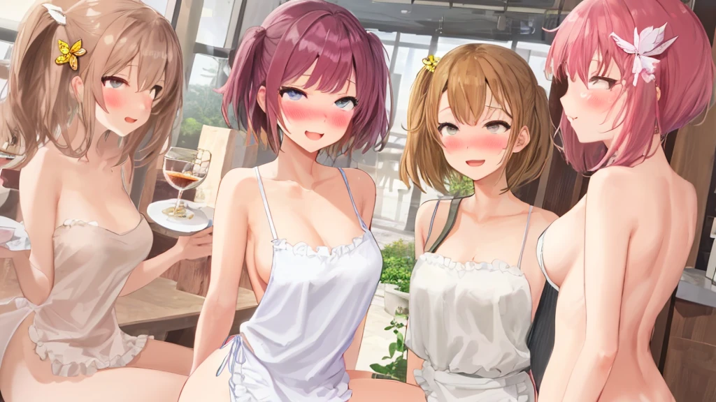 One girl, alone, Nakano Nino, Pink Hair, Butterfly Hair Ornament, (naked:1.3), (White apron), Large Breasts, Cleavage, Thighs, Cafe Background, (blush:1.3)
