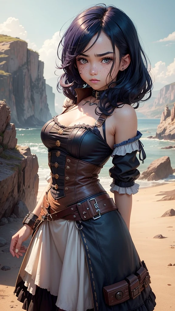 That has a background with a landscape behind , and in front there is a young and pretty girl who can only be seen from the waist up with dark blue hair. , round face with light freckles ,big brown eyes carefree and angry look that has a steampunk style , and above there is a space