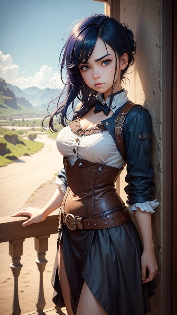 That has a background with a landscape behind , and in front there is a young and pretty girl who can only be seen from the waist up with dark blue hair. , round face with light freckles ,big brown eyes carefree and angry look that has a steampunk style , and above there is a space