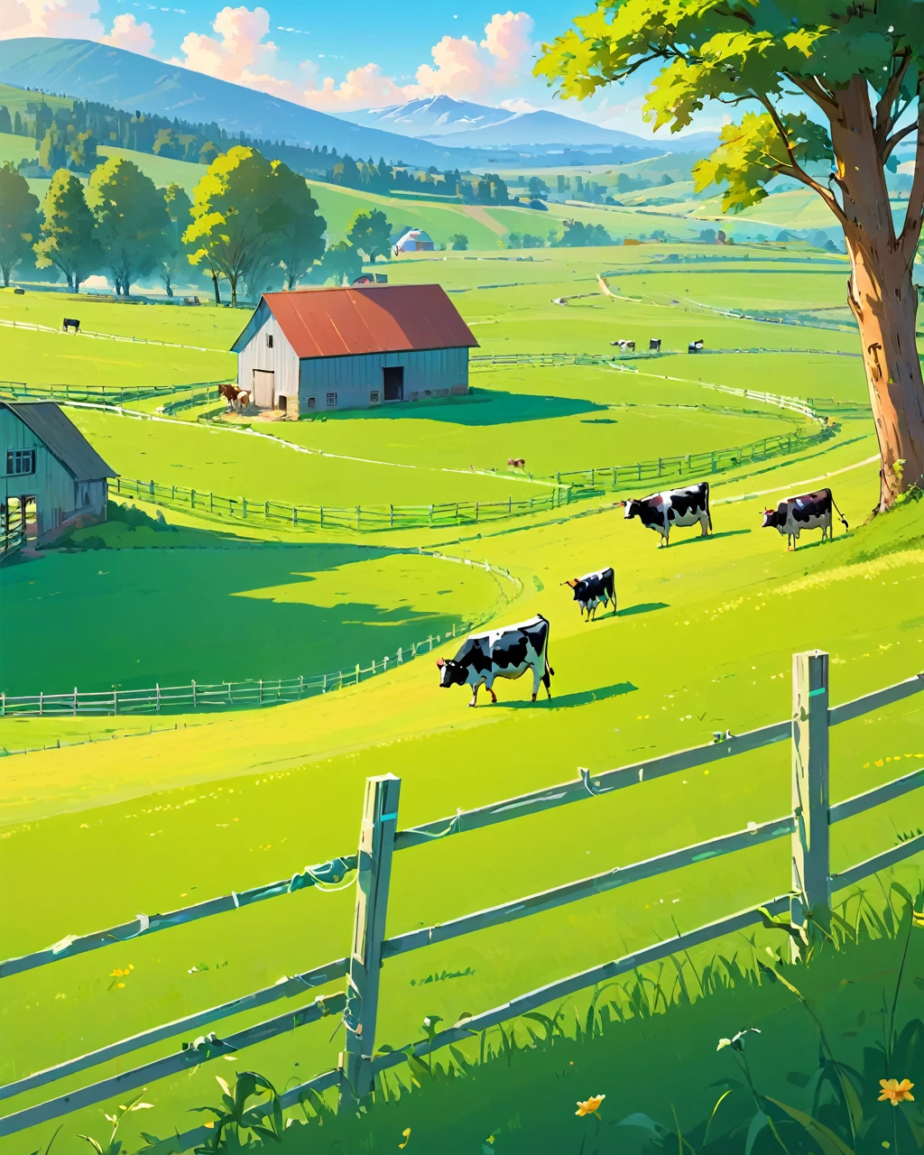 A modern electric fence crossing a vast green pasture on a rural farm, with cows grazing peacefully in the background."